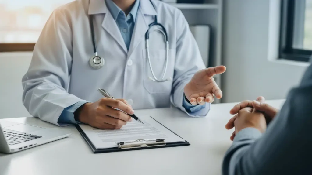 Doctor explaining insurance coverage for gastroenterology office visits and procedures to patient during consultation